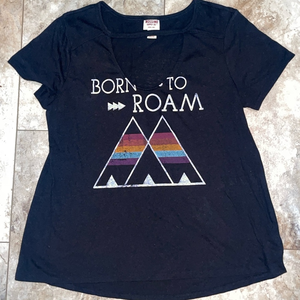 Sz Md BORN TO ROAM Black Tee w/ Cutout Neckline by Mossimo 🏔